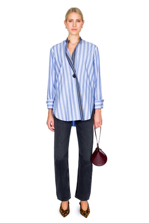 Mixed Stripe Overlapping Shirt With Metal Button