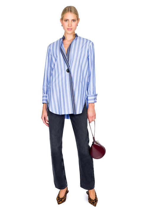 Mixed Stripe Overlapping Shirt With Metal Button