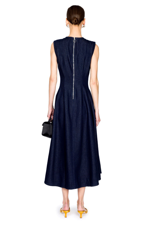 Flower Motif Denim Sleeveless Midi Dress