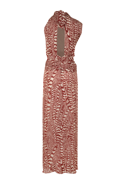A red and cream patterned maxi dress with a cowl draped neckline and an open back