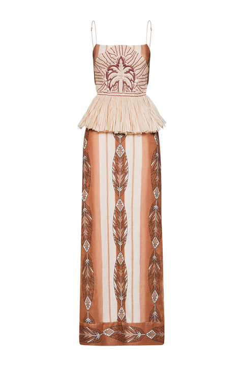 A taupe linen maxi dress with palm tree embroidery and raffia fringe