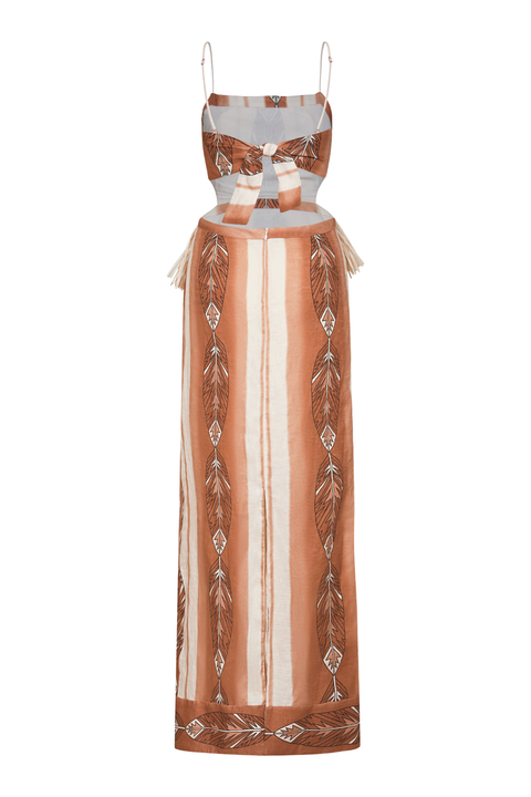 A taupe linen maxi dress with palm tree embroidery and an open tie-back