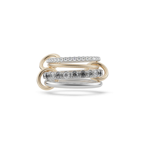 Ghost image of a Spinelli Kilcollin Arla ring that features one 1.7mm sterling silver band pave with white diamonds, one 1.2mm 18k yellow gold band, one 2.8mm sterling silver band pave with grey diamonds, and one 2,3mm sterling silver band, all connected by three 18k yellow gold connectors. 