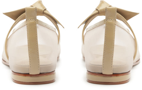 Pair of beige shoes with bow details on a white background