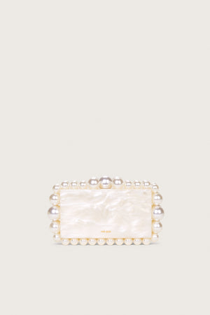 A white marbled acrylic, rectangular clutch with matching beads in graduating size lining the clutch. 
