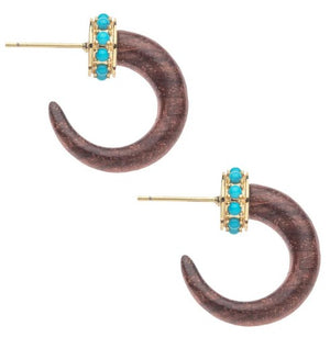 Brown wood hoop style earrings with turquoise and gold.