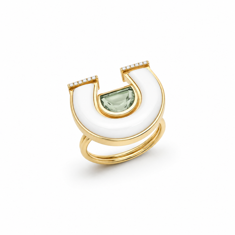 Prasolite, White Mother Of Pearl And Diamond Horseshoe Ring