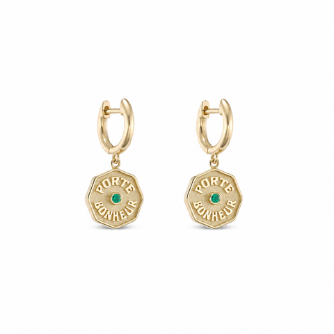 Wee Porte Bonheur Raised Gold Emerald Huggie Hoops