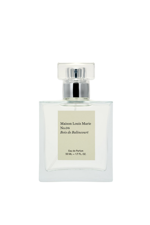 A clear glass perfume bottle with a silver spray cap and a beige label reading Maison Louis Marie No.04 Bois de Balincourt, shown on a plain white background.