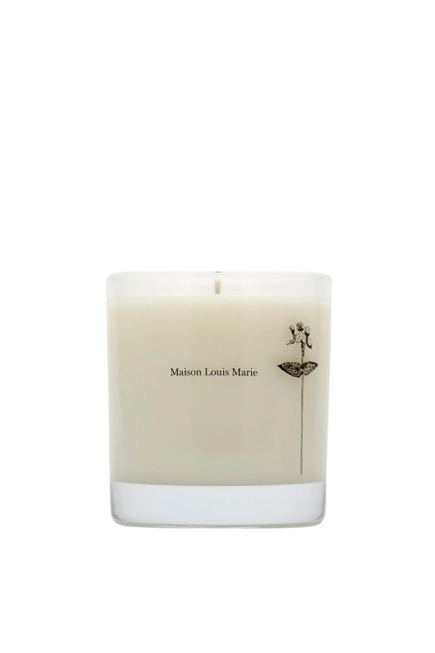 A Maison Louis Marie scented candle in a clear glass jar with cream-colored wax, featuring a minimalist black floral illustration and brand name on the front, set against a plain white background.
