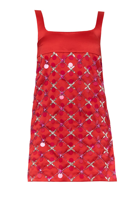 Red mini dress with embellished pattern and square neckline on a white background