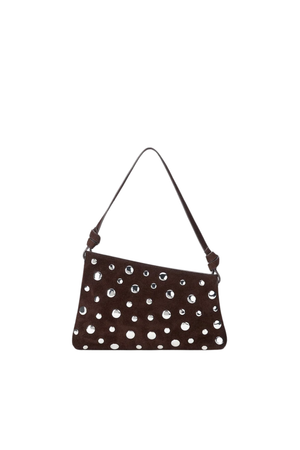 Brown handbag with silver studs on a white background