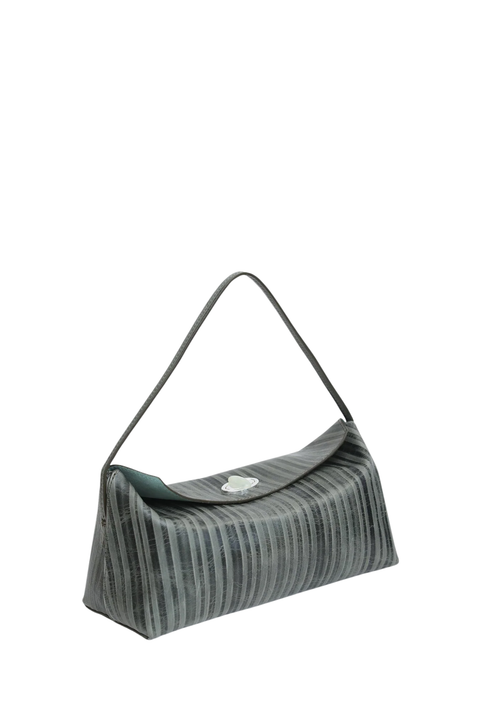A gray and black vertically striped shoulder bag with a dark gray strap and a small silver-tone metal clasp, shown on a plain white background.