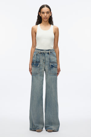 Denim Cargo Wide Leg Belted Jeans