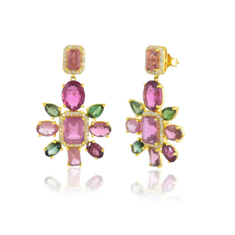 Petal shaped drop earrings in yellow gold, pink and green tourmalines and diamonds.