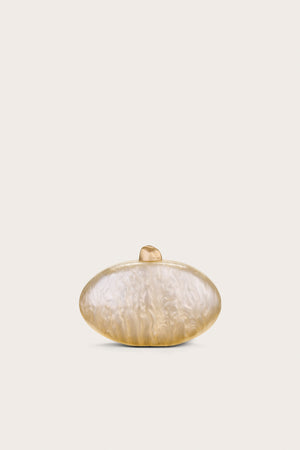 Oval-shaped clutch made out of pearlized acrylic, featuring gold hard wear. 