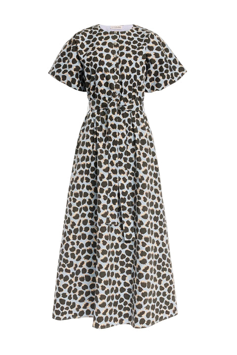 Polka dot print maxi dress with short sleeves on a white background