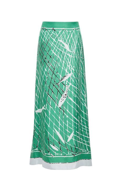 Green skirt with white fish pattern on a white background