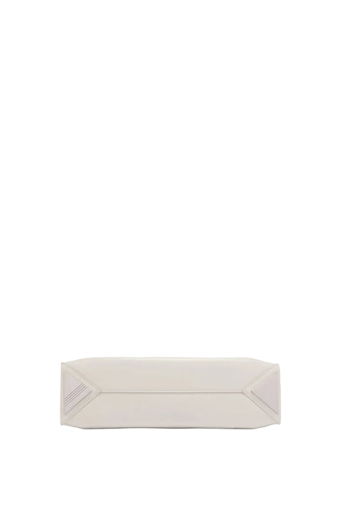 Bottom view of white handbag with silver hardware on a white background.