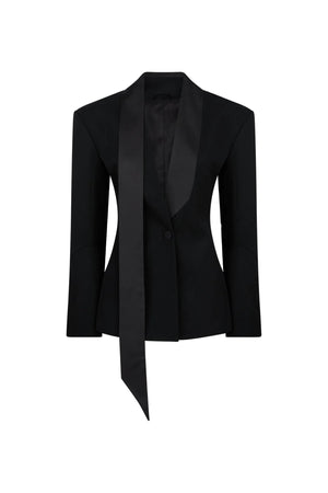 Black blazer with a satin lapel on a light gray background