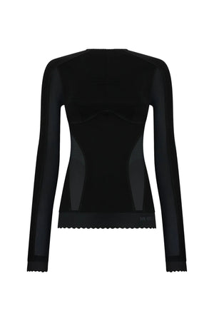 Black long-sleeve top with mesh on a white background
