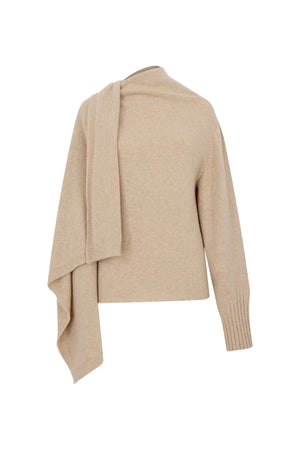 Beige sweater with a draped design on a white background