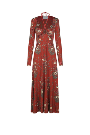 A long-sleeve maxi dress in rust red with a floral and botanical print, featuring a V-neckline with tie details at the collar and a gathered sweetheart bodice, shown against a plain white background.