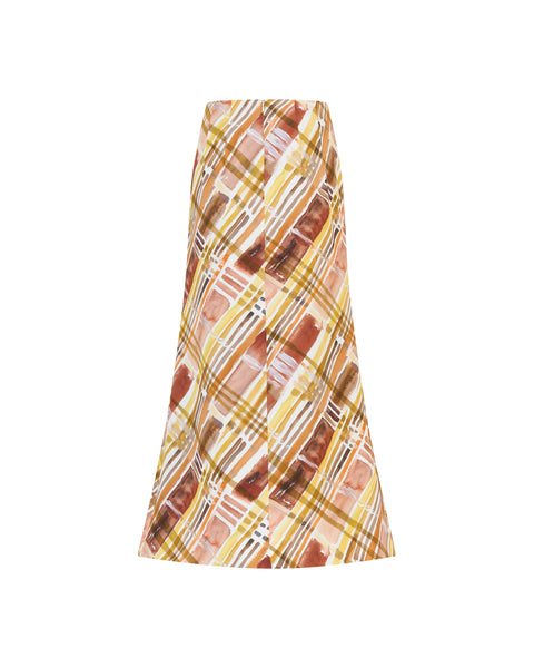 Back side of silk midi skirt in multicolored plaid.