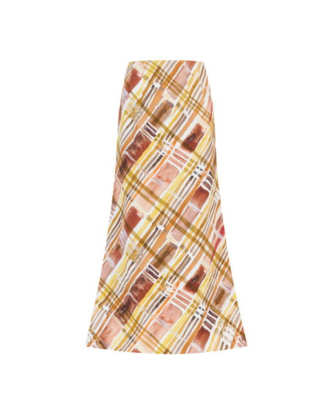 Multi colored plaid silk midi skirt.
