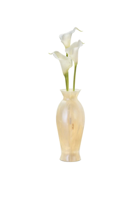 Pearlescent vase clutch with white flowers on a white background