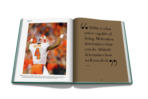 Open book with a photo of a football player and a motivational quote on a white background