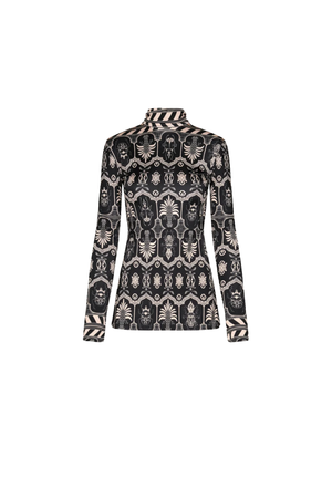 A long-sleeve mock neck top featuring a black, beige, and white ornate pattern print, shown against a plain white background.