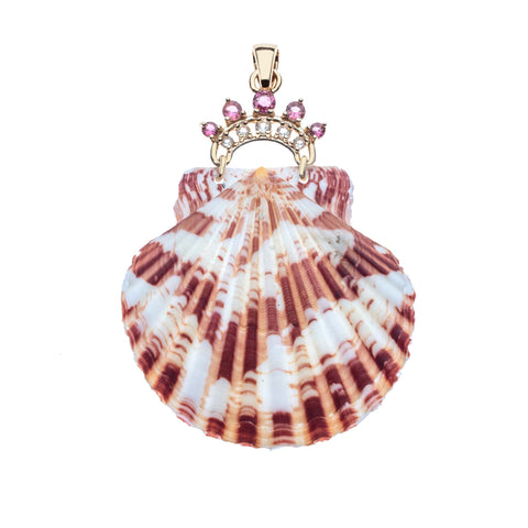Striped scallop shell pendant adorned with pink tourmalines and white topazes.