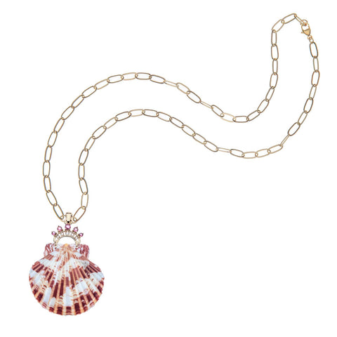 Striped seashell pendant on yellow gold chain necklace.