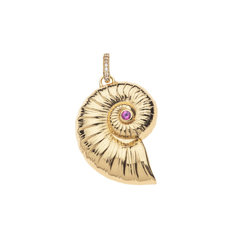 Front of the gold plated nautilus shell pendant adorned with pink tourmaline in the center.
