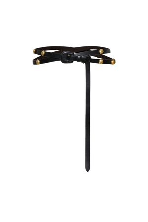 Black belt with gold studs on a white background. 