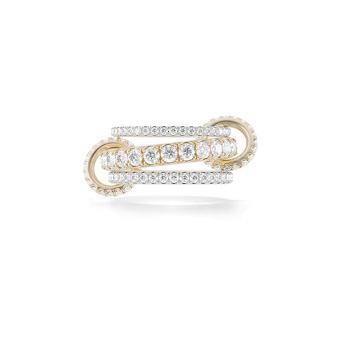 Ghost image of a Spinelli Kilcollin Junia ring that features a 1.7mm white gold band pave with diamonds, a 2.6mm yellow gold band pave with diamonds, and a 2.3mm white gold bands pave with diamonds, connected by two yellow gold connectors pave with diamonds. 
