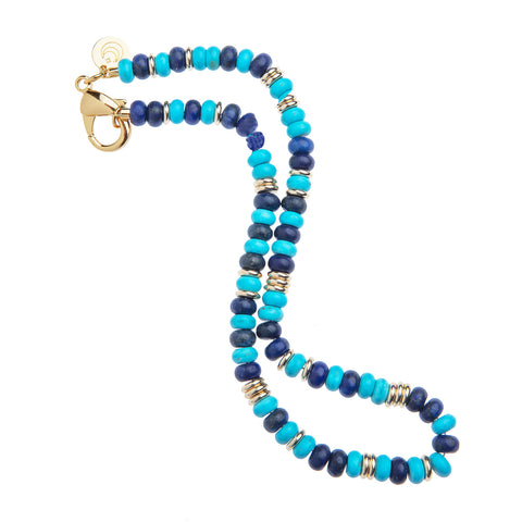 Another view of the lapis and turquoise beaded necklace.