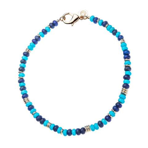 Lapis and turquoise beaded necklace with gold beads and gold clasp.
