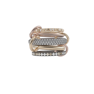 Ghost image of a Spinelli Kilcollin Leo ring that features a 1.7mm yellow gold band pave with white, champagne, and cognac diamonds, a 1,7mm rose goldband, a 3.8mm black rhodium plated band pave with white, grey, and black diamonds, a 2.7mm yellow gold half band, and a 2.3mm sterling silver band pave with white, champagne, and cognac diamonds set in black rhodium plated prongs. 