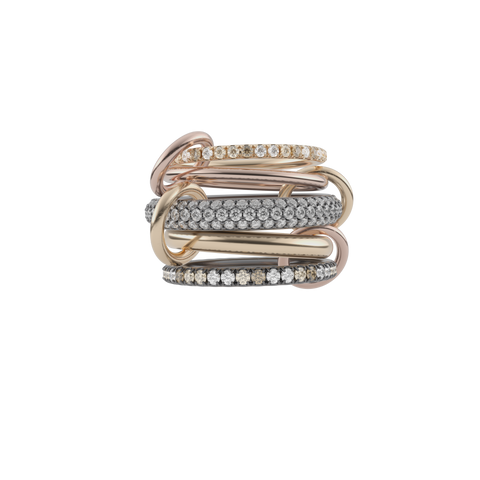 Ghost image of a Spinelli Kilcollin Leo ring that features a 1.7mm yellow gold band pave with white, champagne, and cognac diamonds, a 1,7mm rose goldband, a 3.8mm black rhodium plated band pave with white, grey, and black diamonds, a 2.7mm yellow gold half band, and a 2.3mm sterling silver band pave with white, champagne, and cognac diamonds set in black rhodium plated prongs. 