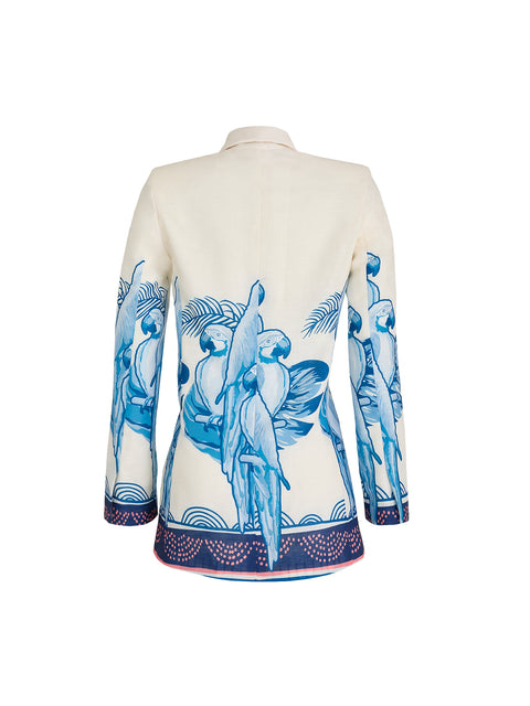Back side of blue macaw printed blazer jacket.