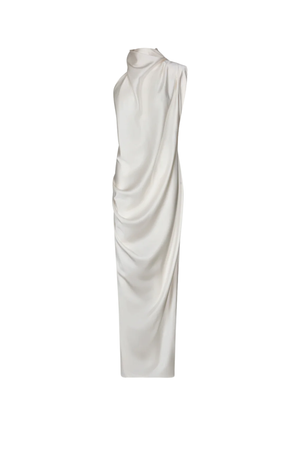 A sleeveless, high-neck draped maxi dress in a warm off-white or cream color, shown against a plain white background.