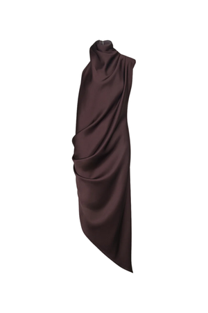 A dark brown draped asymmetrical top displayed against a solid white background.