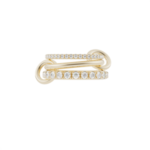 Ghost image of a Spinelli Kilcollin Norah ring that features a 1.7mm yellow gold band pave with diamonds, a 2.3mm yellow gold band, and a 2.8mm yellow gold band pave with diamonds, connected by two yellow gold connectors. 