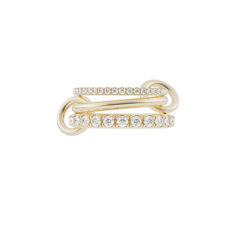 Ghost image of a Spinelli Kilcollin Norah ring that features a 1.7mm yellow gold band pave with diamonds, a 2.3mm yellow gold band, and a 2.8mm yellow gold band pave with diamonds, connected by two yellow gold connectors. 