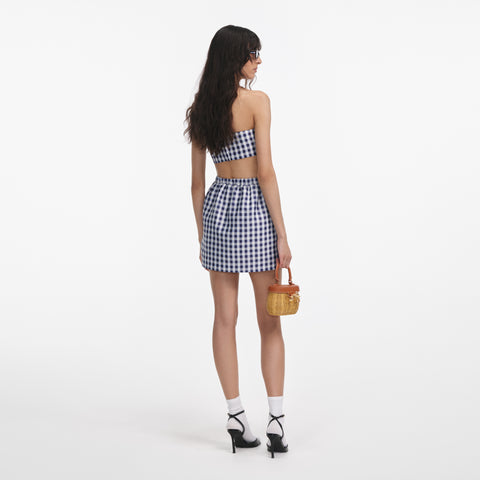 Navy Gingham Taffeta Mini Skirt