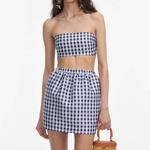 Navy Gingham Taffeta Mini Skirt