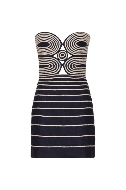 Strapless mini dress in navy with sweetheart neckline and white embroidery.