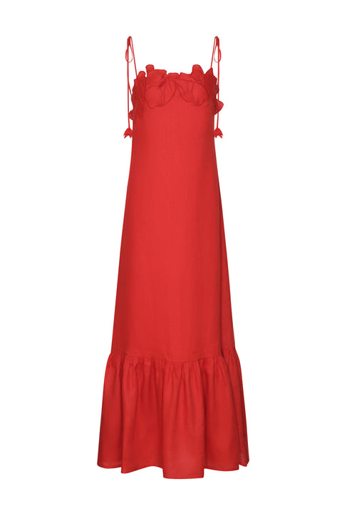 Red linen maxi dress with slim tie straps and scalloped embroidered bust.